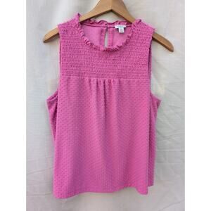 J Crew Clip Dot Tank Top Womens Sz XXL Pink Smocked Keyhole Ruffle Barbie